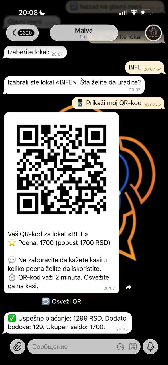 Kasa beleži porudžbinu — ekran bota